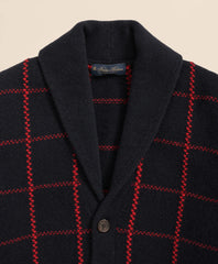 Merino Wool Windowpane Intarsia Shawl-Collar Cardigan