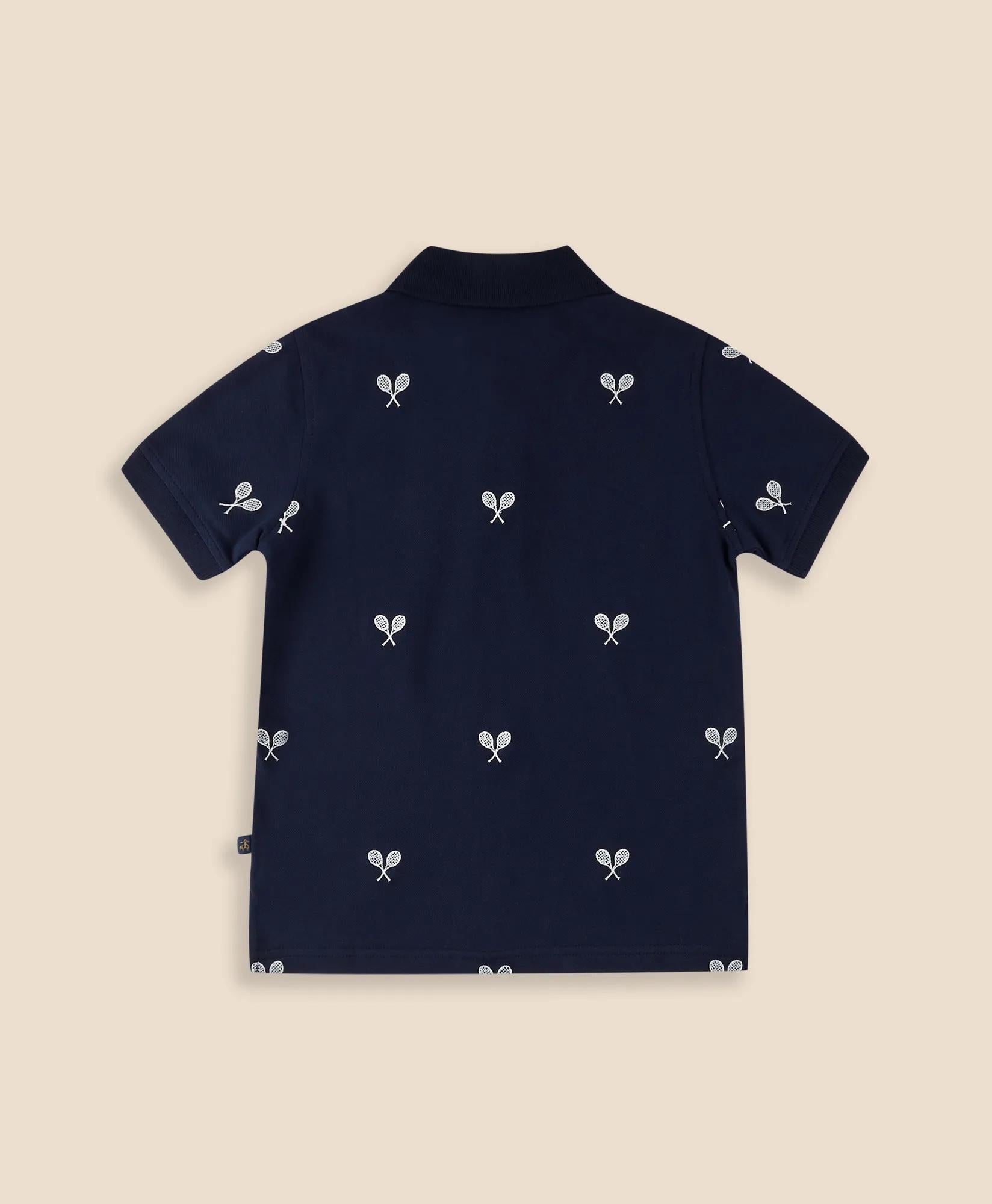 Boys Stretch Cotton Tennis- Racquet- Embroidered Pique Polo Shirt