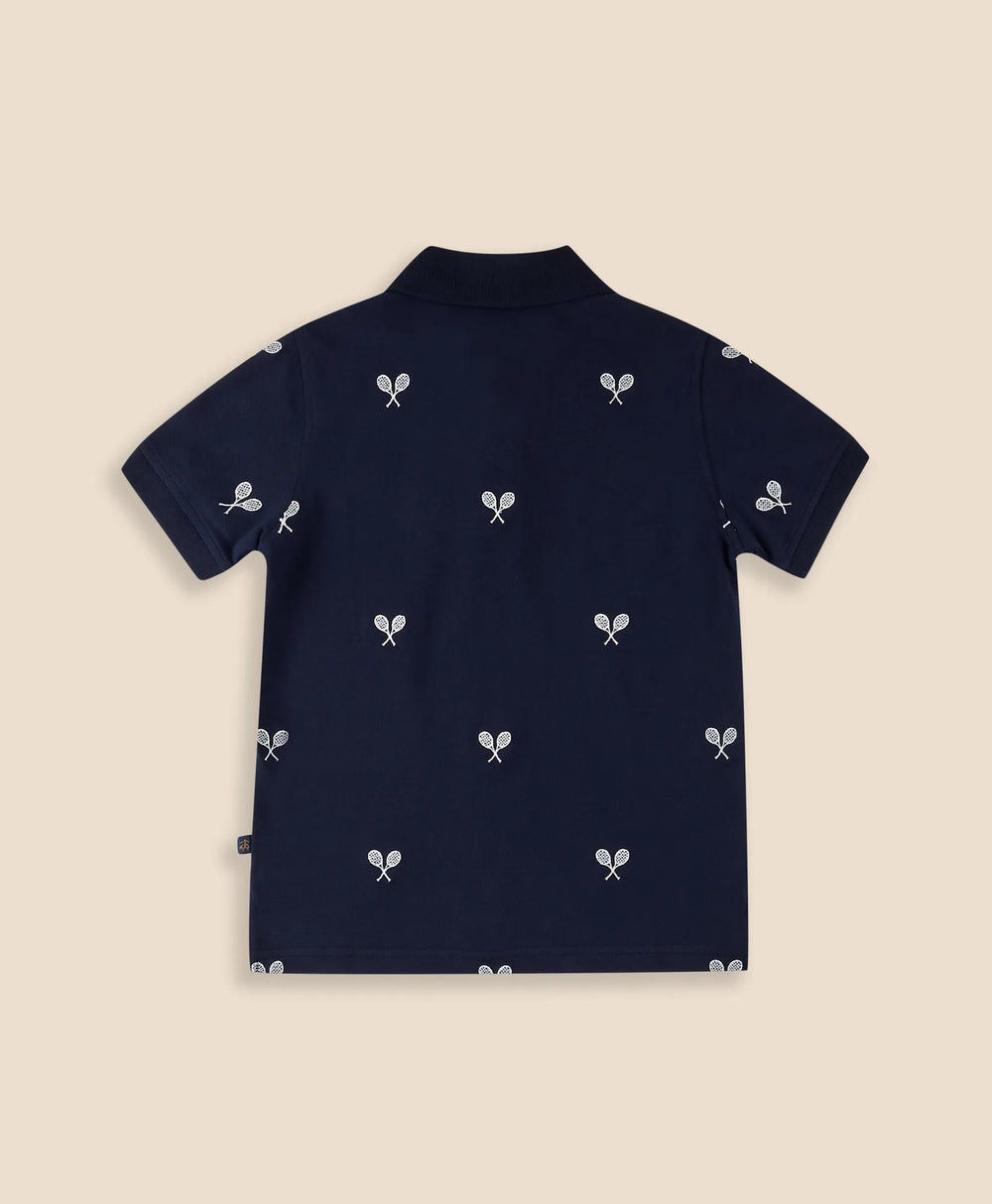Boys Stretch Cotton Tennis- Racquet- Embroidered Pique Polo Shirt
