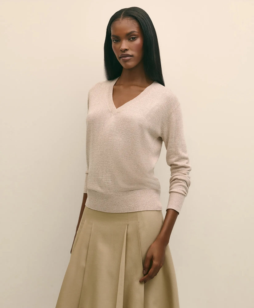 Silk V-Neck Marled Knit Relaxed Sweater