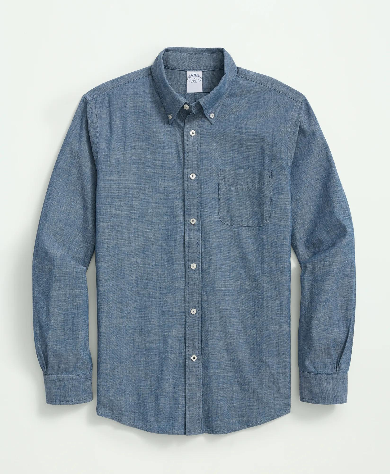 Chambray Cotton Poplin Polo Button Down Collar, Sport Shirt